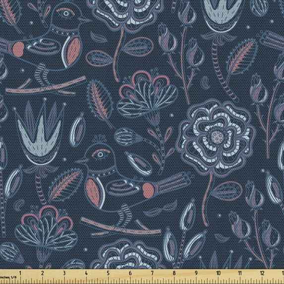 Floral Upholstery Fabric by the Yard, Rhythmic Creative Sketch of Dark Flowers Art Illustration Print, Decorative Fabric for DIY and Home Accents, Dark Blue Multicolor by Ambesonne