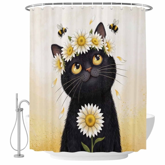 Shower Curtain Bathroom Set Watercolor Cute Black Cat Waterproof Fabric Shower Curtains with Grommets&Hooks, Farm Flowers Daisy Bees Privacy Bath Curtain for Bathtub 36x72in