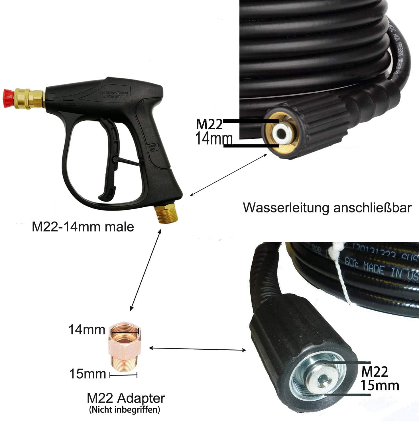 3000 Accessories PSI High Pressure Power Washer Short Gun Kit With M22-14 Angle 