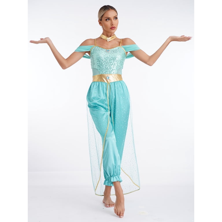 Yizyif Women's Arabian Princess Dance Costume Halloween Party Fancy Dress Shiny Belly Dance Jumpsuit Turquoise A XL, Blue
