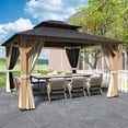 thumbnail image 2 of INTER HUT 13 x 11 Wood Gazebo, Outdoor Steel Patio Hardtop Gazebo with Double Roof, Netting and Curtains, 2 of 8