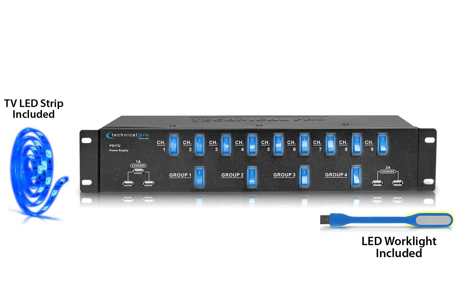 Technical Pro 1800 Watts Rack Mount 17 Outlet Power Supply Surge Protector with 5V USB Charging Ports, 13 power switches, Useful for DJ, PA, karaoke, studio and home