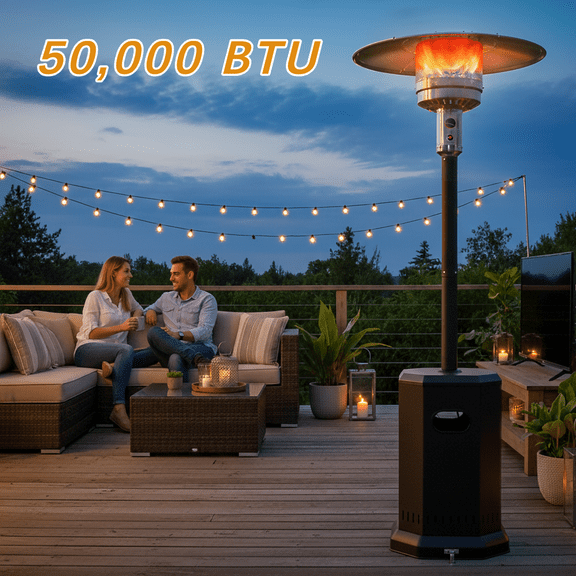 Propane Patio Heater, SYNGAR 50,000 BTU Outdoor Heavy Duty Heater with Wheels & Adjustable Thermostat, Commercial & Residential Use, Freestanding Propane Heater for Yard, Deck, Porch, Black