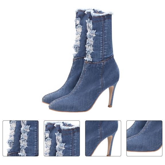 WRISTBIQUE 1 Pair Denim High Heeled Boots for Women Blue Comfortable Casual Wear