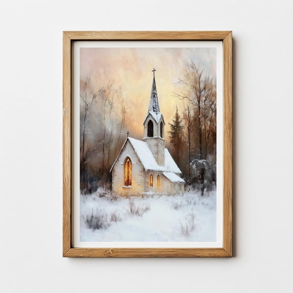 Vintage Winter Church Art Print, Christmas Chapel Print, Rustic Landscape Wall Art, Winter Sunset Scene, Christmas Decor, 8x12 UNFRAMED