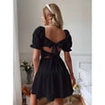 thumbnail image 2 of Black Swiss Dot Tie Backless Puff Sleeve Ruffle Hem Mini Dress For Women, 2 of 6