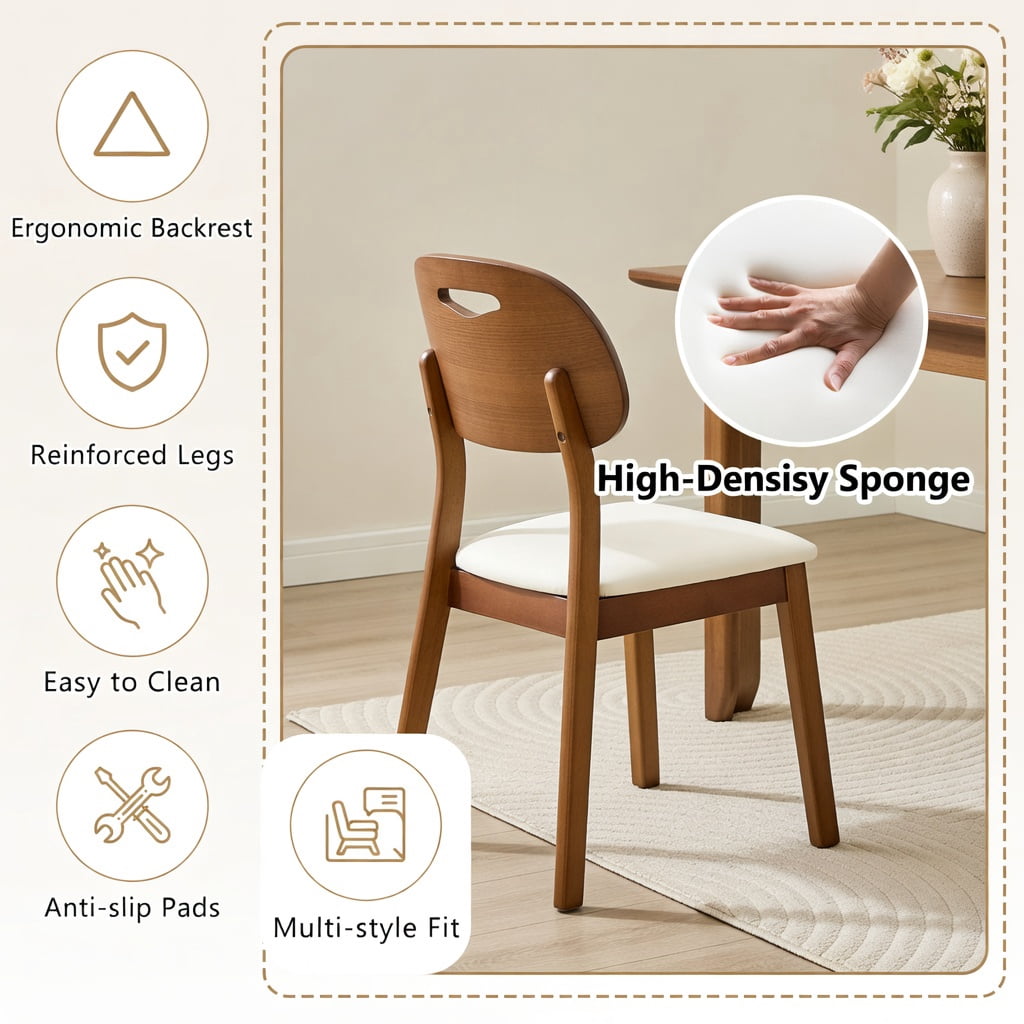 Hommoo 2-Pack Solid Wood Dining Chairs with PU Cushions, Ergonomic Hollow-Back Design for Dining Room, Home Office & Cafe, Beige & Walnut