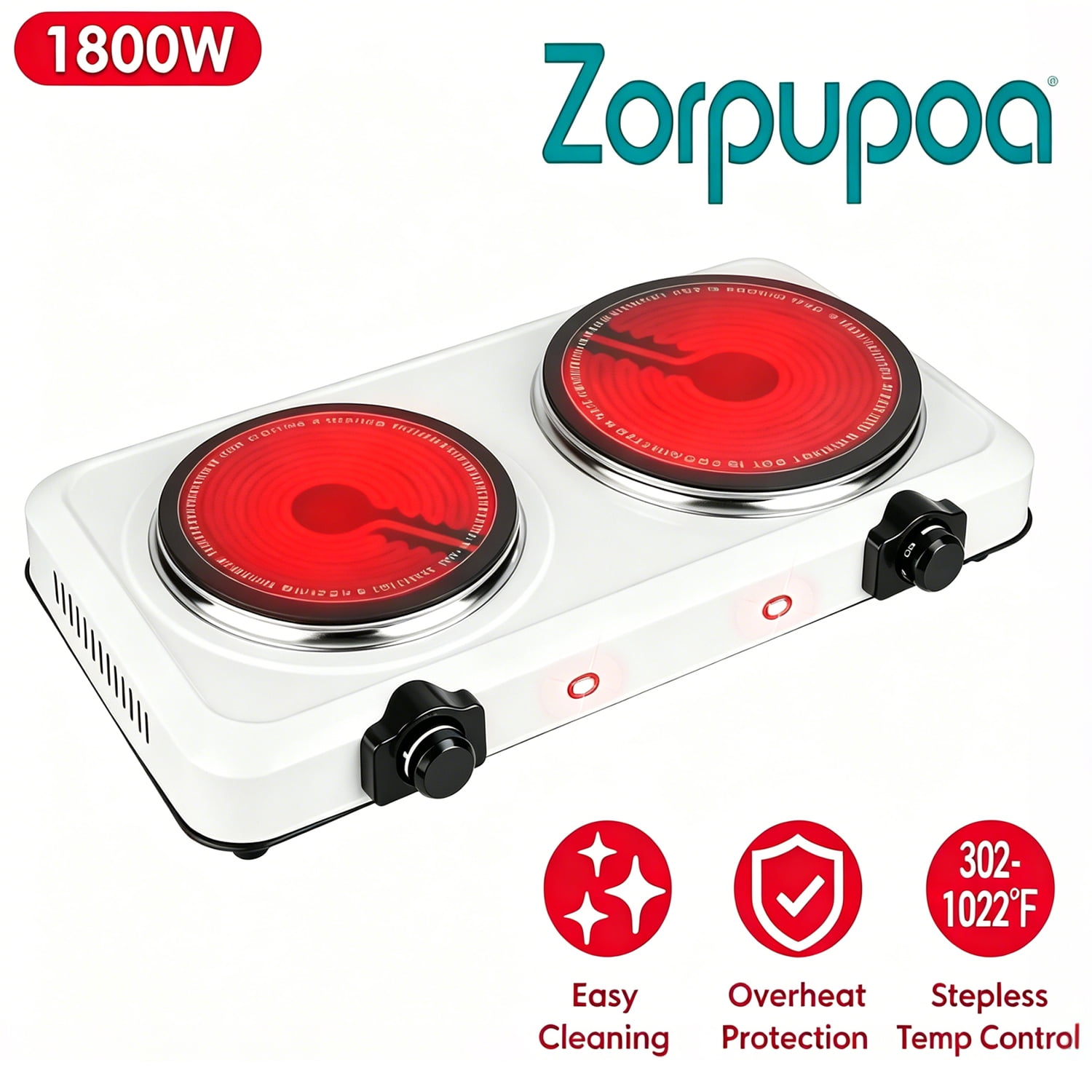 zorpupoa 1800W Electric Infrared Dual Burner Portable Heating Hot Plate Stove with Glass Cooktop Stepless Temperature Adjustment for Home RV Travel Outdoor Camping(white)