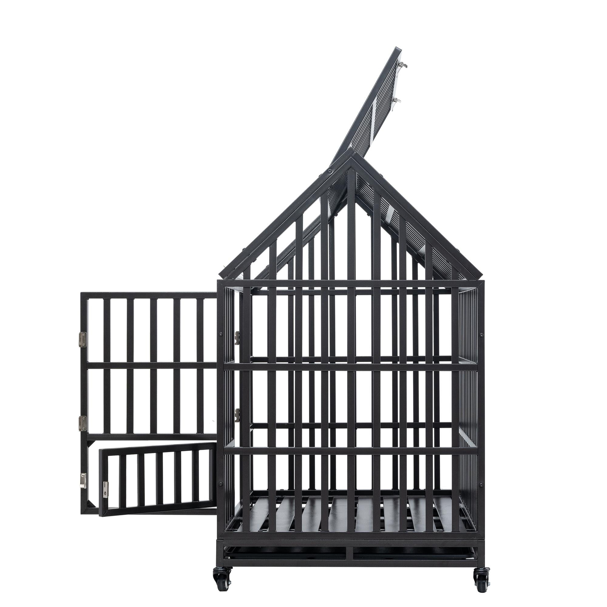 Pefilos 47" Heavy Duty Dog Crate Kennel with Window on Roof, Pet Cage Metal Playpen for Large Medium Dogs with 4 Lockable Wheels, Black Pefilos 47" Heavy Duty Dog Crate Kennel with Window on Roof, Pet Cage Metal Playpen for Large Medium Dogs with 4 Lockable Wheels, Black