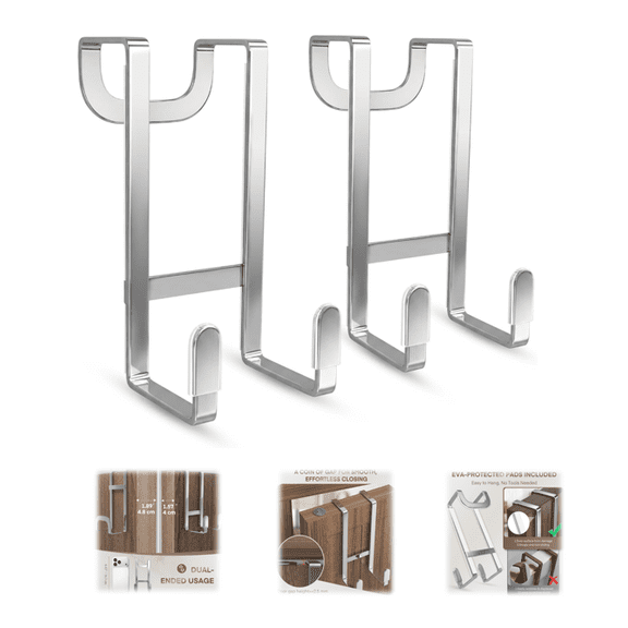 Genreen Over The Door Hooks - 2 Pack Heavy Duty Dual-Hook Organizer Hanger with Non-Slip Rubber for Towels, Clothes & Bags Use in Bathroom, Bedroom, Kitchen