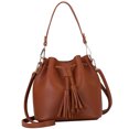 thumbnail image 3 of Bucket Bag Faux Leather Tassel Drawstring Crossbody Pouch Women Solid Color Shoulder Bag Handbag, Brown, 3 of 10