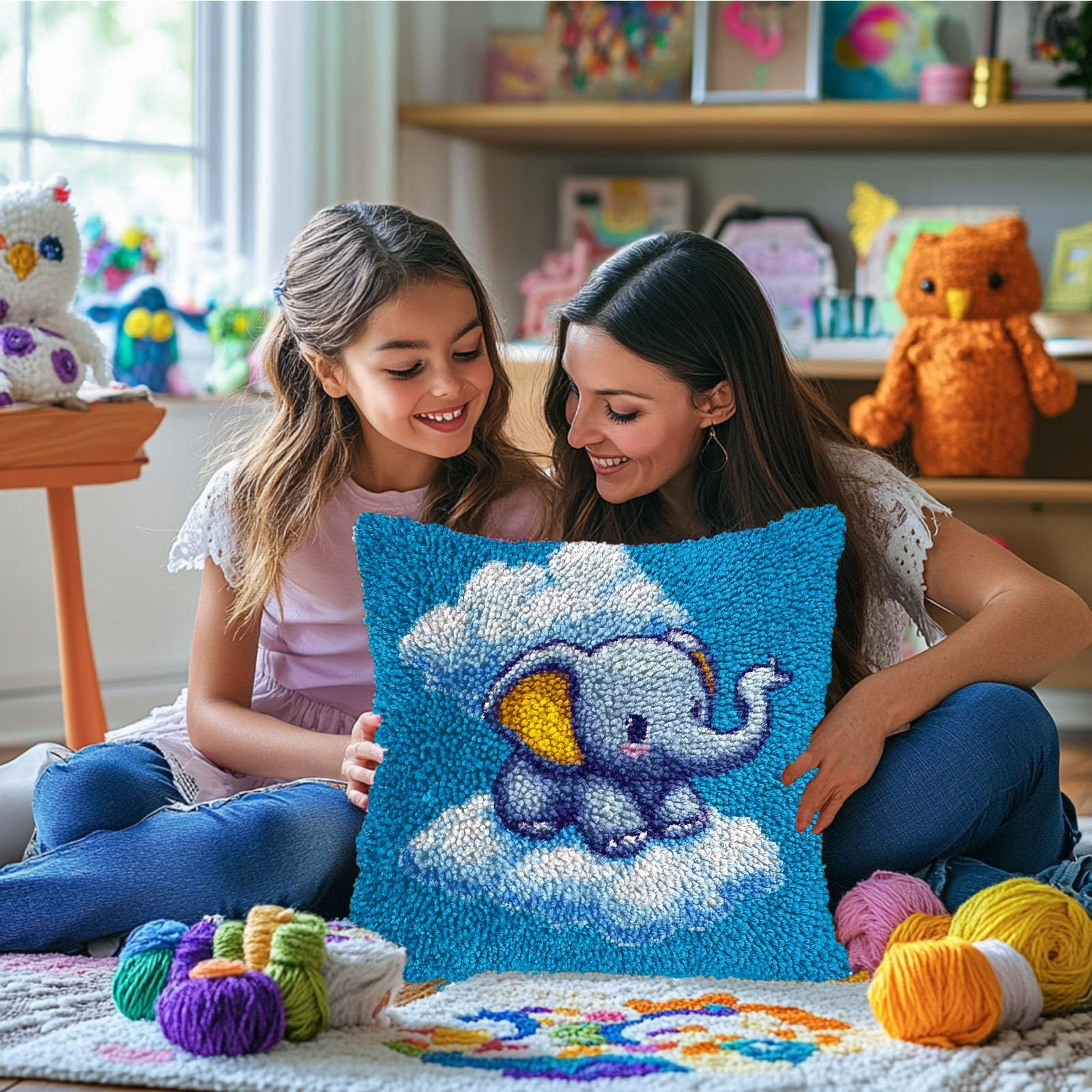 DIY Latch Hook Pillow Kits Little Elephant on Clouds Printed Pillowcase Crochet Yarns Hooking Handmade Pillow Cover Cushion for Home Sofa Decoration 17x17inch-1
