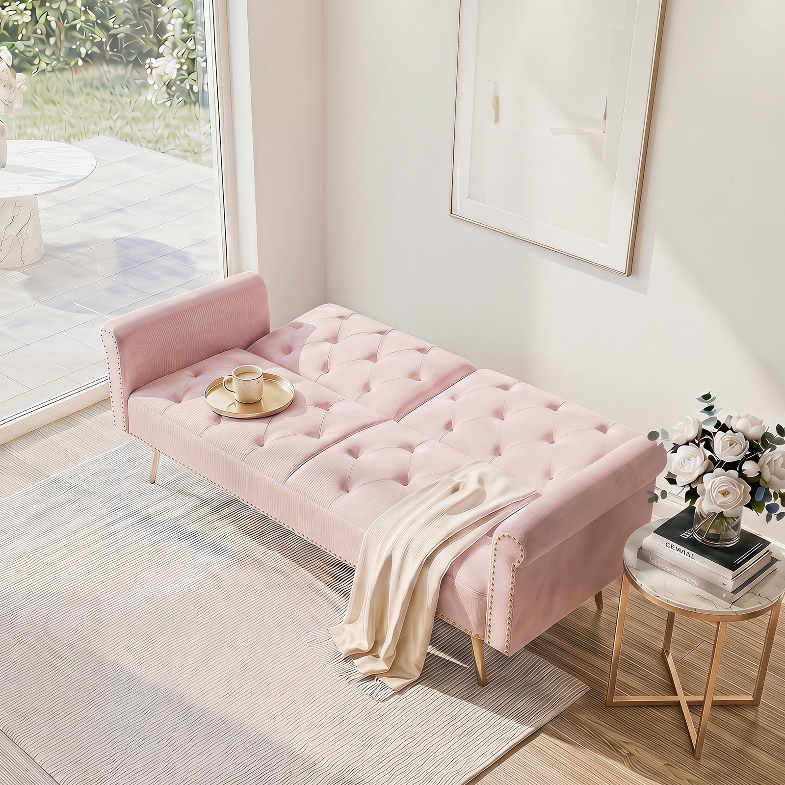 69.7" Ultra-Soft Pink Velvet Convertible Sofa Bed, Nailhead Trim with Cozy Matching Throw Pillow