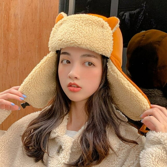 SikaFu Bomber Hat Women Cute Ears Russian Hat Lady Windproof PU Leather Russian Cap Winter Hat Female Berber Fleece Earflap Hat