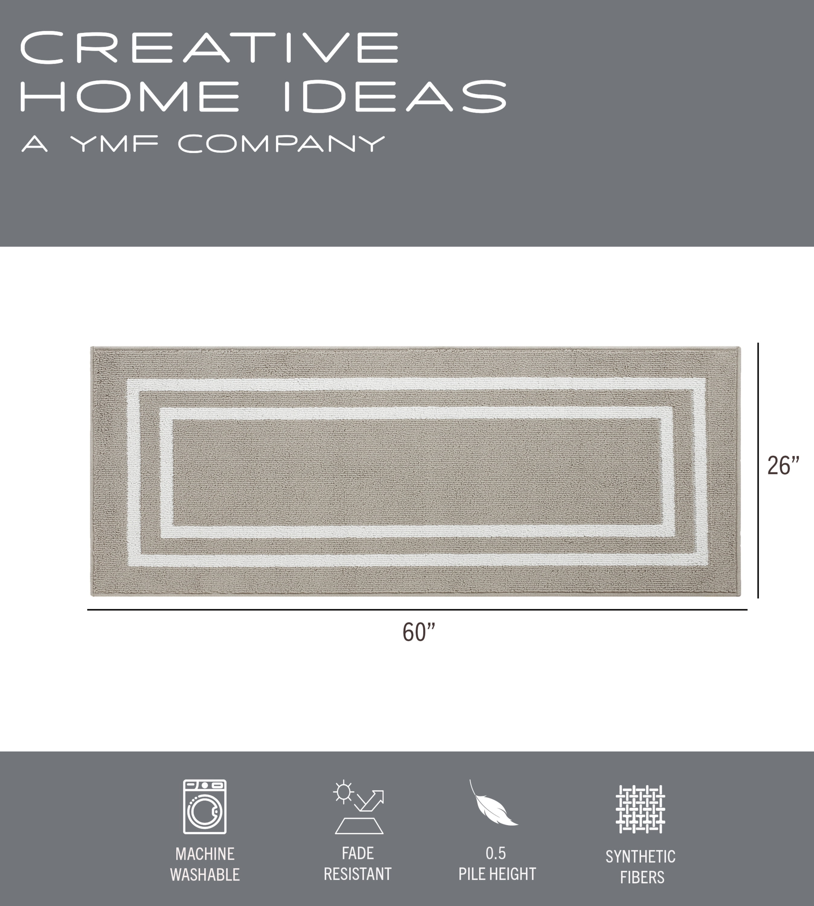 Washable Skid-Resistant Runner Rug, Border, Light Grey and White, 26" x 60"