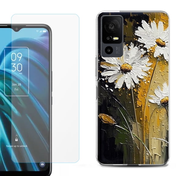 OneToughShield ® for TCL 40 XE 5G Shockproof Fashion Phone Case, with Tempered Glass Screen Protector - Abstract Daisy