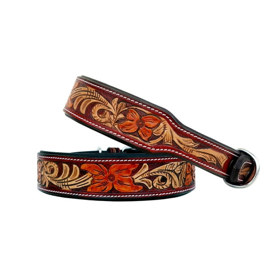 Affilare Leather Dog Collar Western Style Heavy Duty Hand Tooled Adjustable Padded Soft for Puppies and Big Dogs 10AB111-L