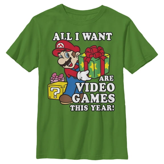 Boy's Nintendo Christmas Mario All I Want Are Video Games Graphic Tee Kelly Green X Small