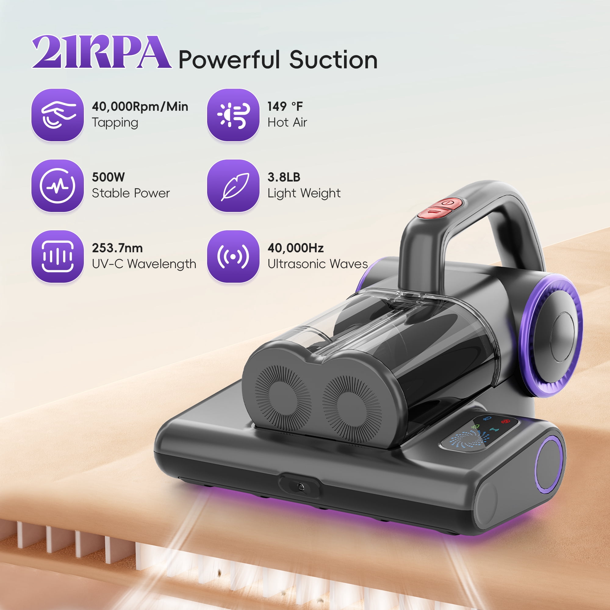 WHALLULTRA Mattress Vacuum Cleaner with 253.7nm UV-C Light, Bed Mattress Vacuum Cleaner , Hepa Filter & Ultrasonic, Handheld Vacuum Corded for Bed, Sofa, Couch, Crib
