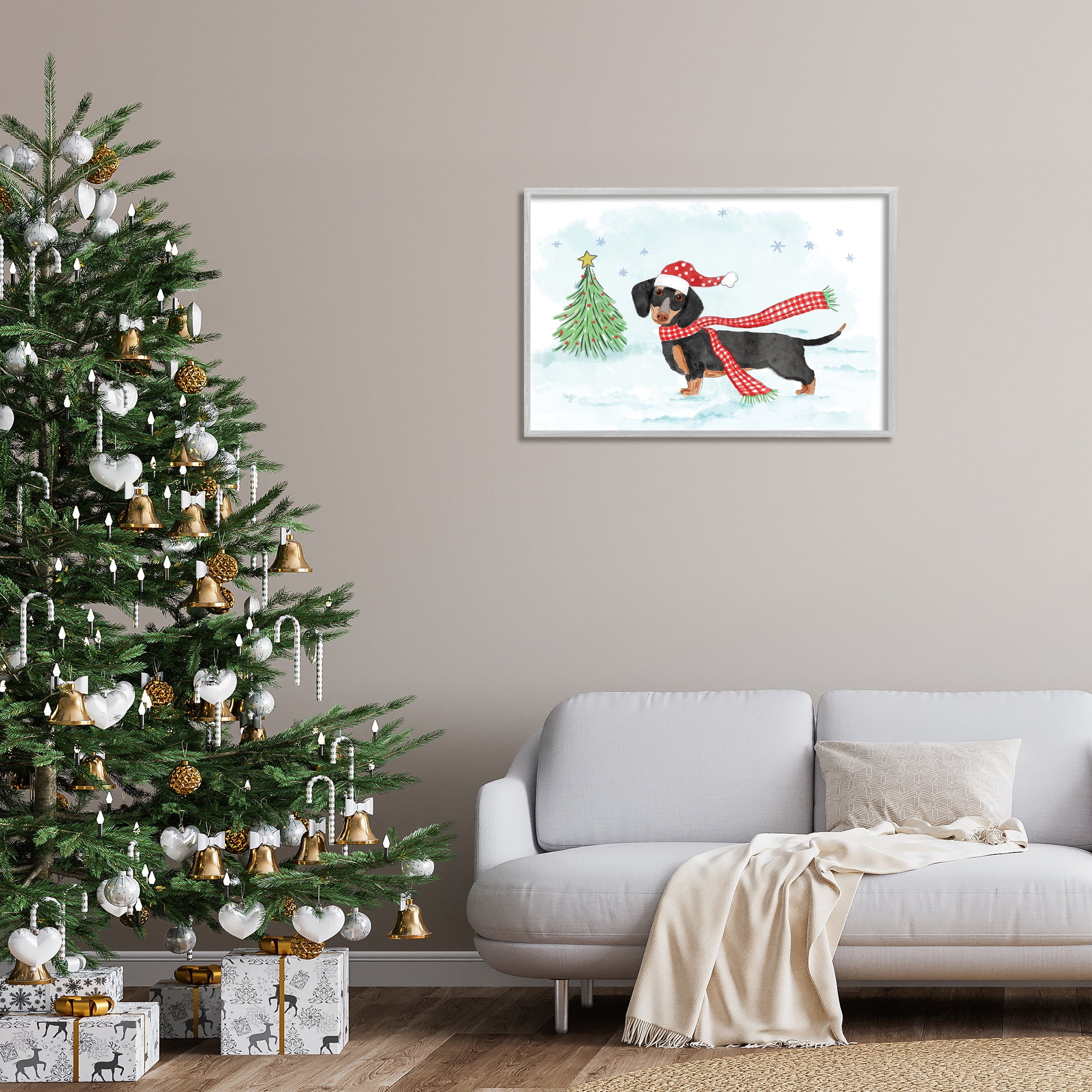 Stupell Industries Dachshund with Scarf Holiday Painting Gray Framed Art Prints Wall Art, 30 x 20