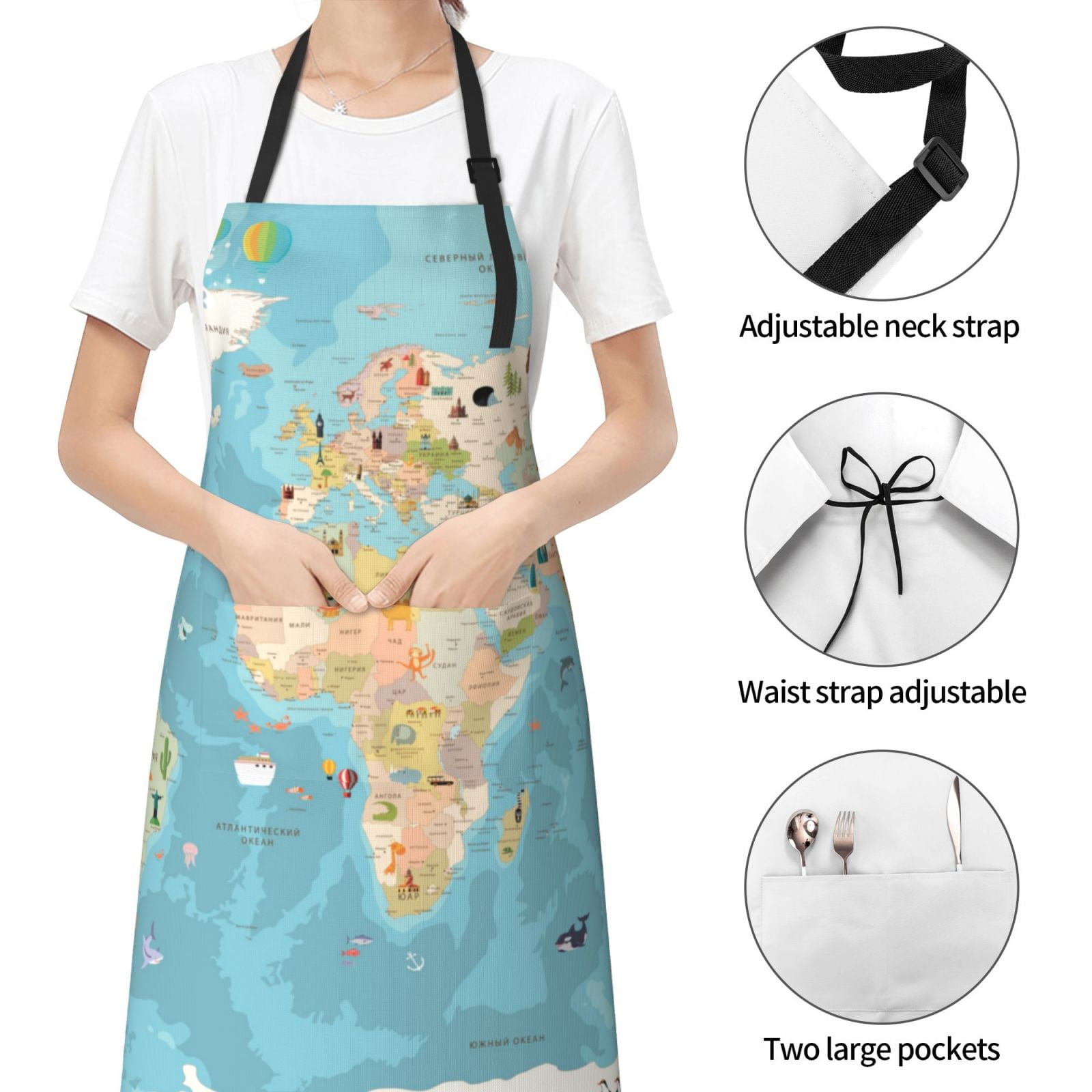 Kdxio World Map With Animals 1 Apron with Pockets Adjustable Kitchen Aprons for Men Women Waterproof Aprons for Cooking,Drawing,Crafting, Baking Household Cleaning
