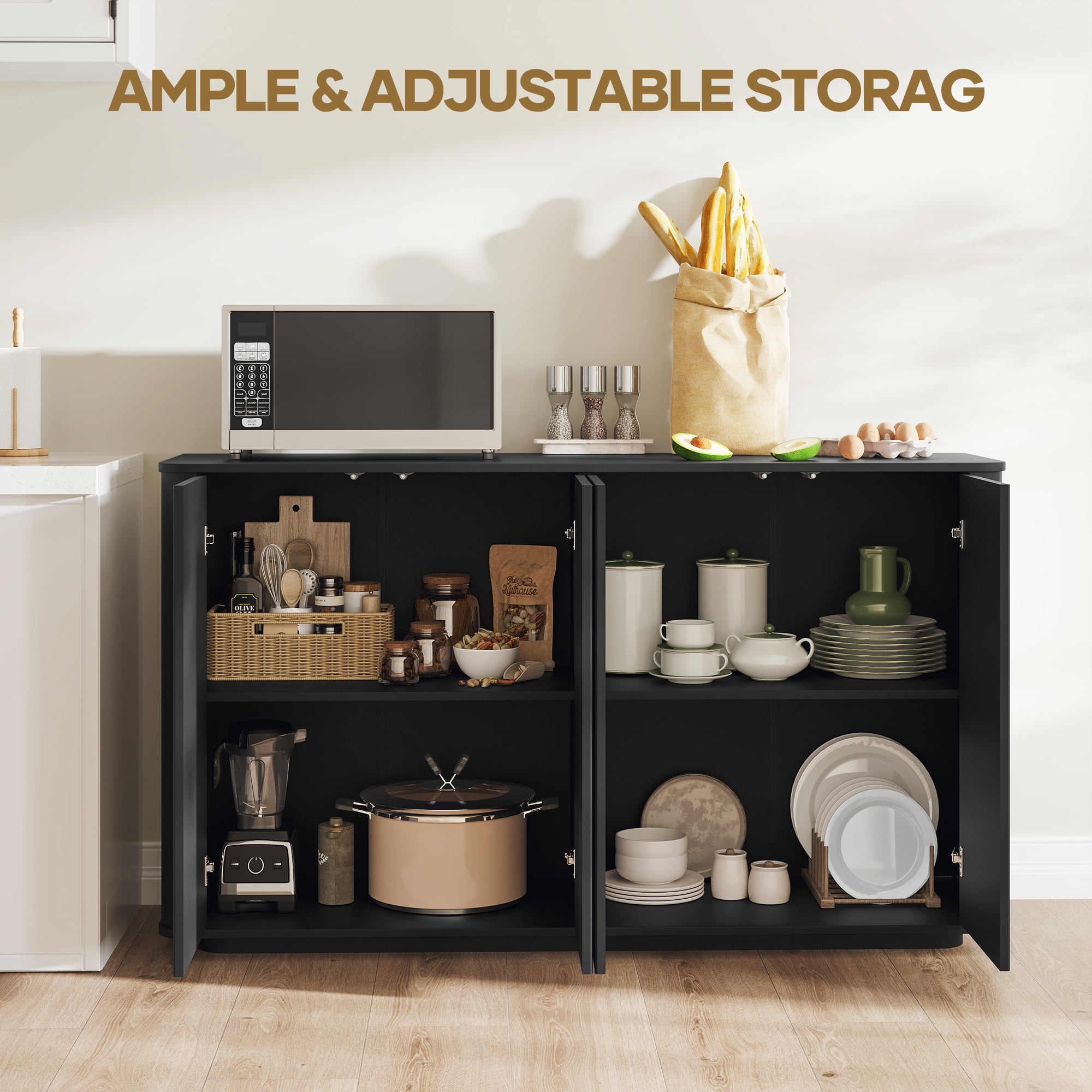 MARNUR Sideboard Buffet Cabinet, Storage Cabinet 55"W with Adjustable Shelves, Anti-Tip, Easy Clean Top, Stylish Wave Style, Black