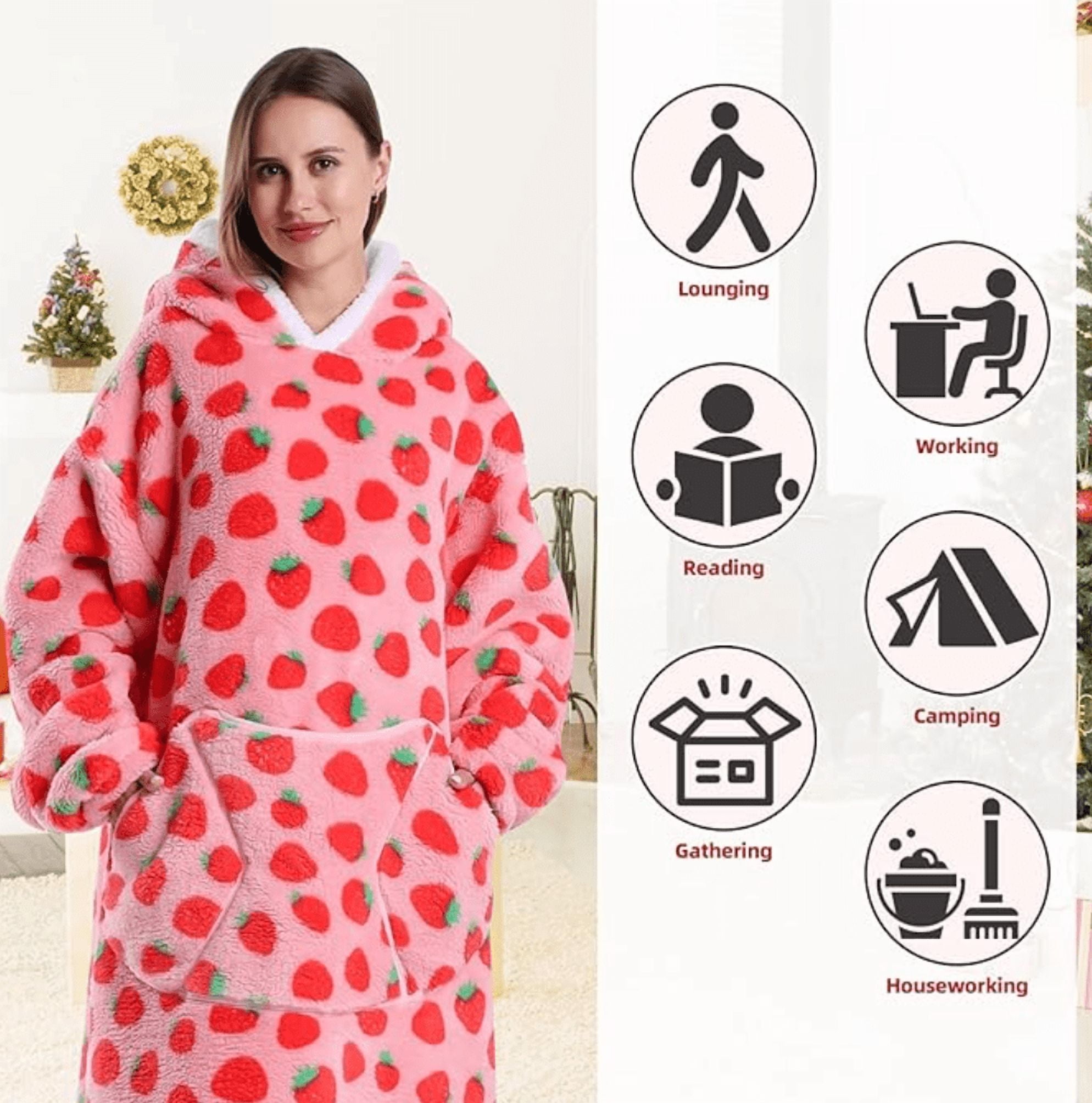 Oversized Wearable Blanket Sweatshirt, Thick Warm Fleece Cozy Sherpa Hooded with Pockets and Sleeves Gift for Adult