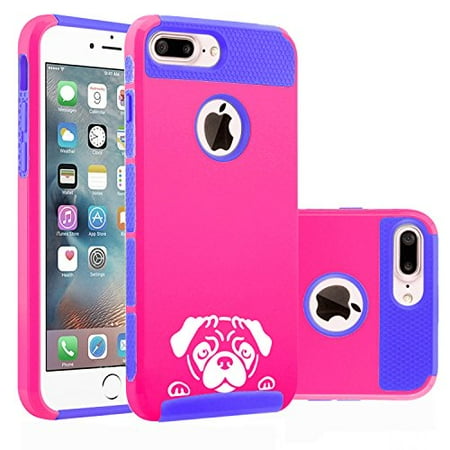 For Apple iPhone (7 Plus) Shockproof Impact Hard Soft Case Cover Peeking Pug Face (Hot Pink-Blue)