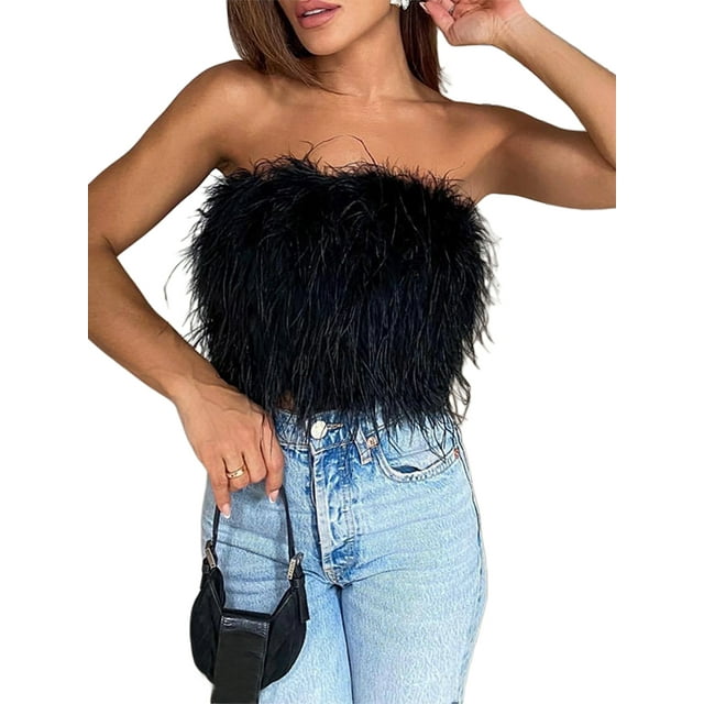 Txlixc Mujeres Sexy Plumas Crop Tops Artificial Faux Fur Trim Chaleco sin mangas Tube Strapless Tank Top Party Club Streewear Txlixc Estilo de ocio