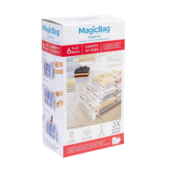 MagicBag Variety Pack Vacuum Storage Bags, 6 Pack Flat Compression Bags for Clothing & Bedding, Space Saving & Airtight