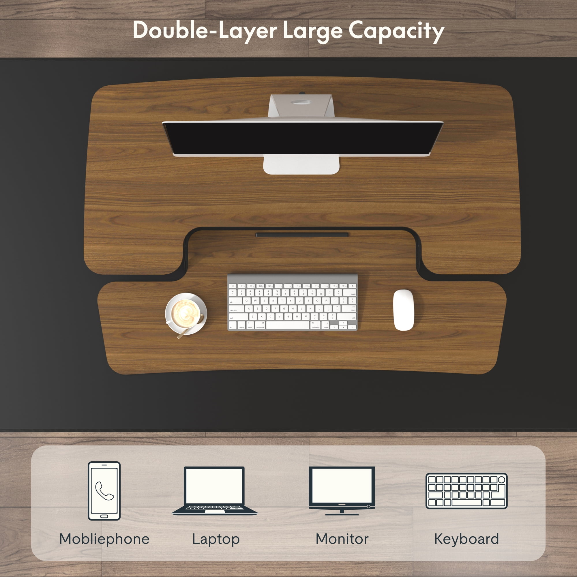 FitStand Home Office Height Adjustable Standing Desk Converter Walnut 35" U-Shape with Keyboard Tray
