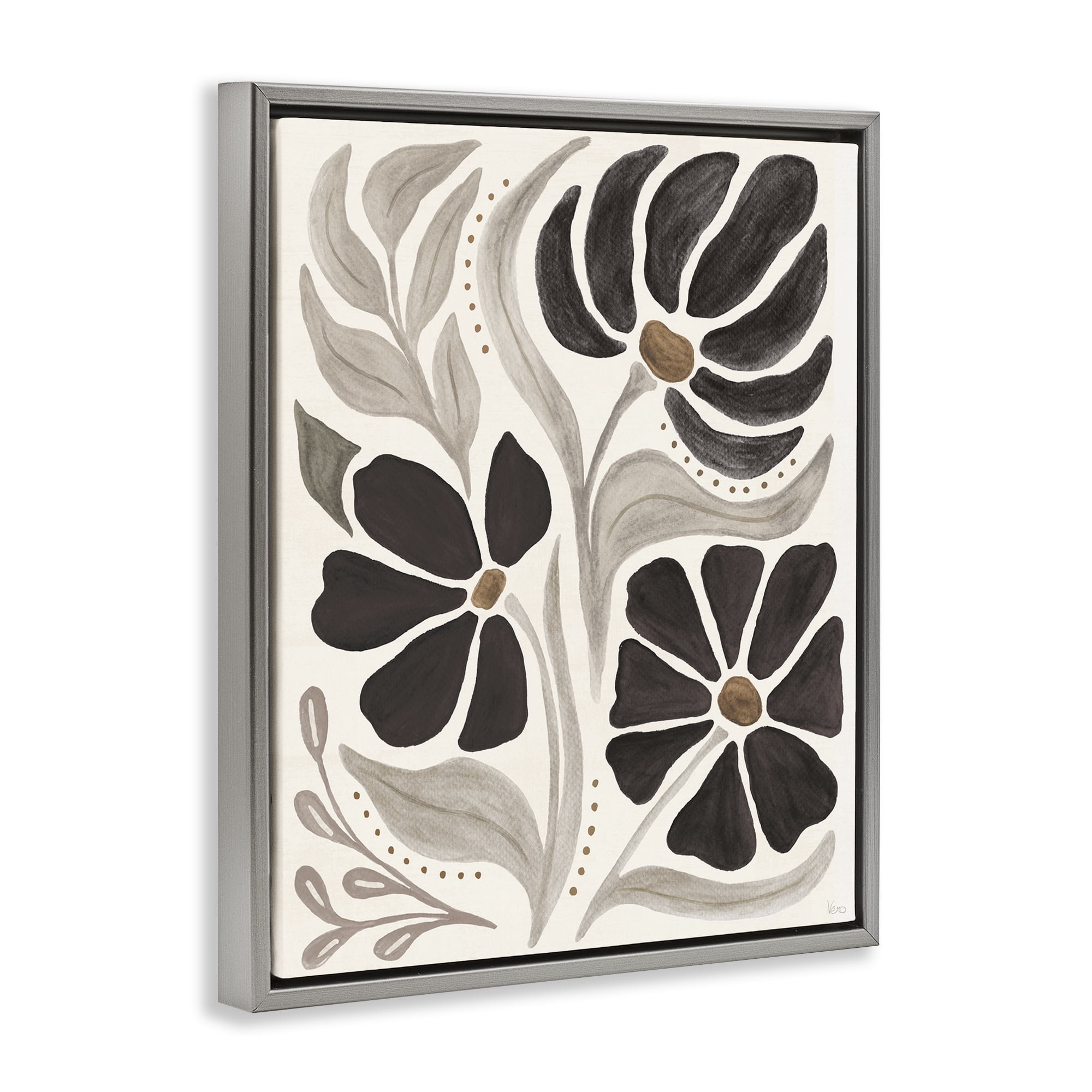 Stupell Industries Boho Curved Petals Botanical & Floral Painting Gray Floater Framed Art Print Wall Art, 17 x 21