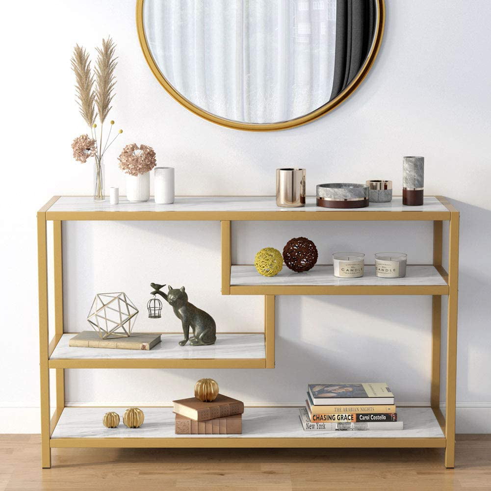 gold ribbon and off white tv unit/ hall table with shelves 