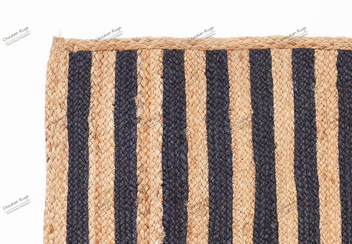 Natural Jute Rug Hand Braided Beige and Navy Blue Scalloped Area Rug Rectangle Rug