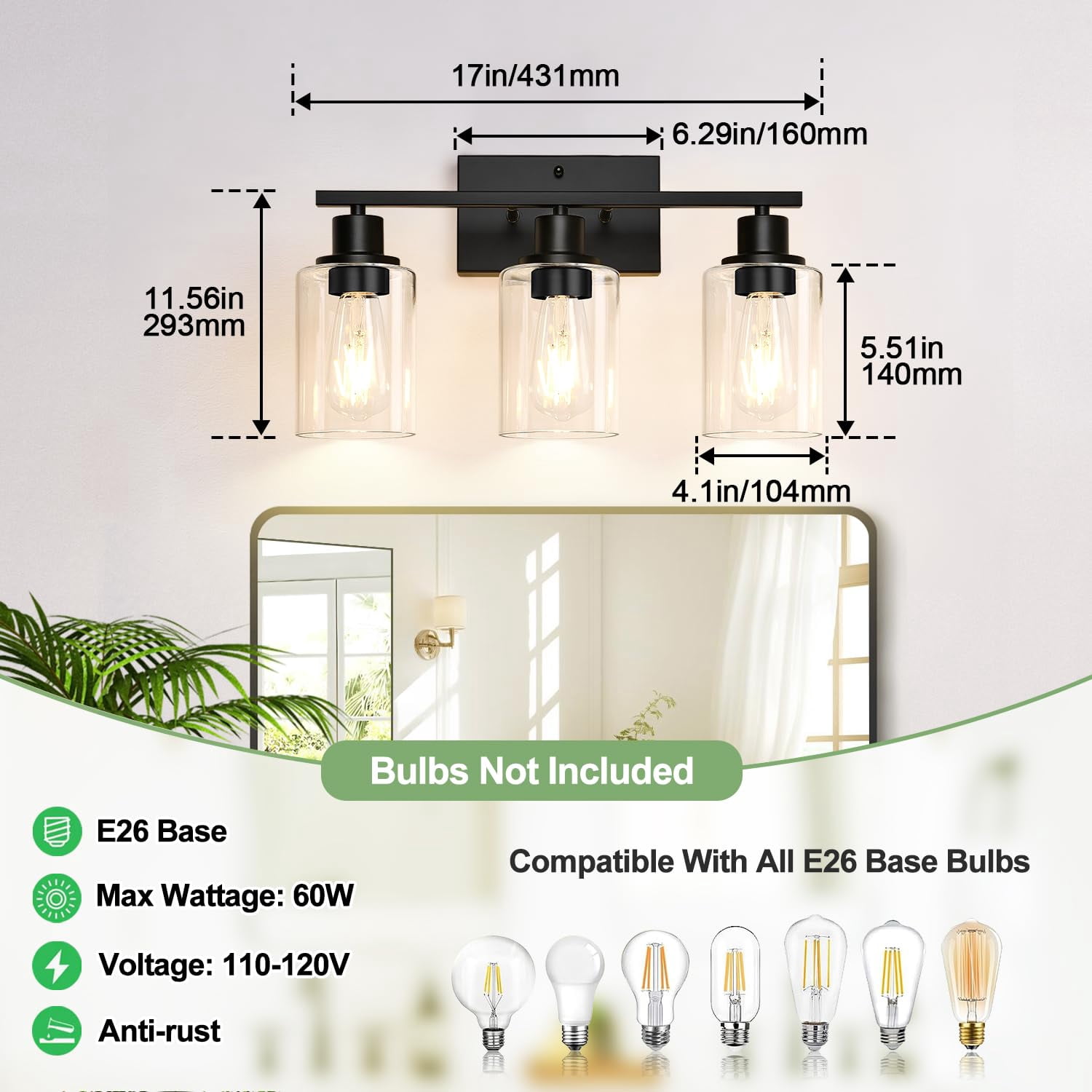 3 Light Bathroom Fixtures  Matte Black Modern Vanity Lights With Clear Glass Shade Wall Lamp For Mirror Kitchen Living Room Hallway Cabinet Porch