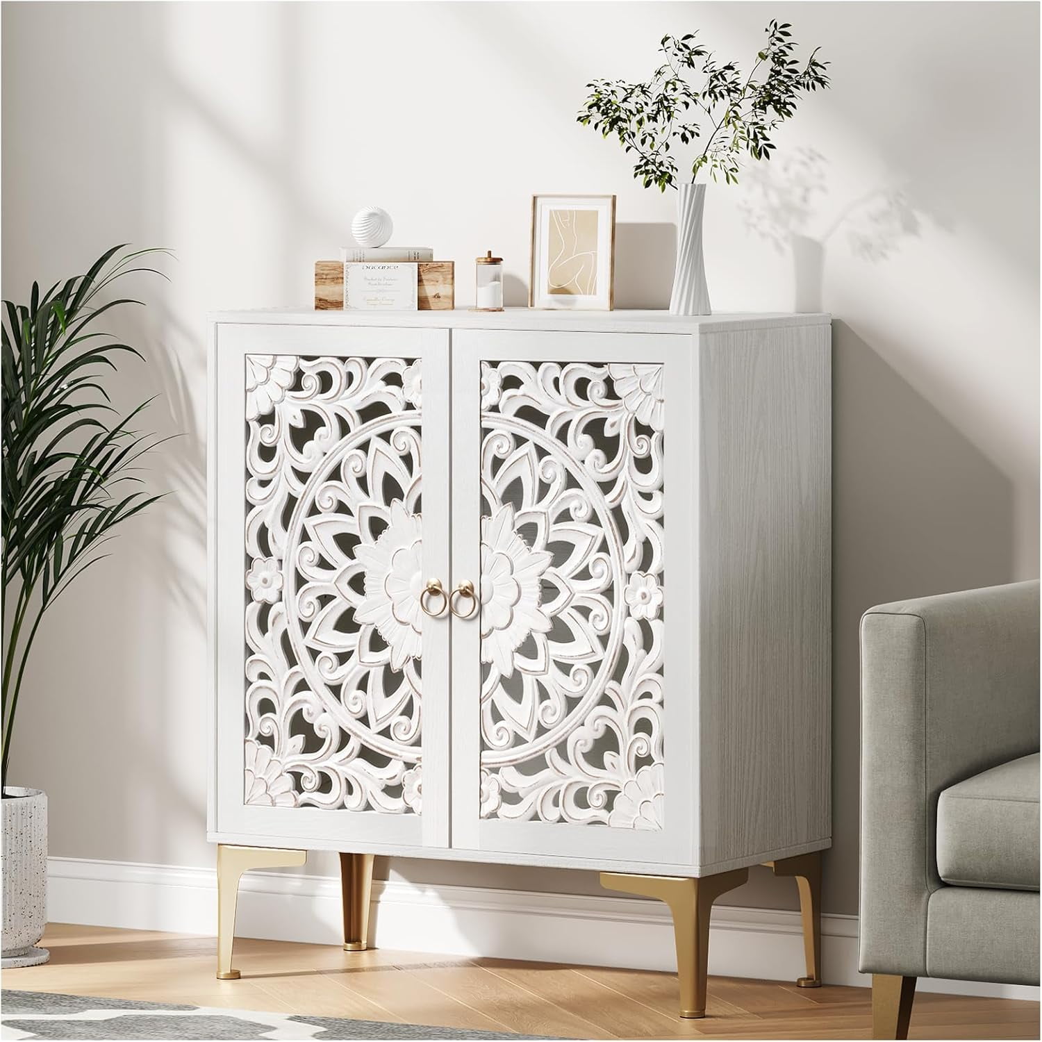Joinice Accent Cabinet Set of 2, Storage Cabinet with 2 Doors & Adjustable Shelf for Bedroom,Entryway,Living Room,White