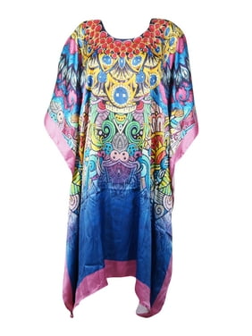 Mogul Women Holiday Wear Caftan Dress Jewel Prints Colorful Bikini Cover Up Kaftan 2XL