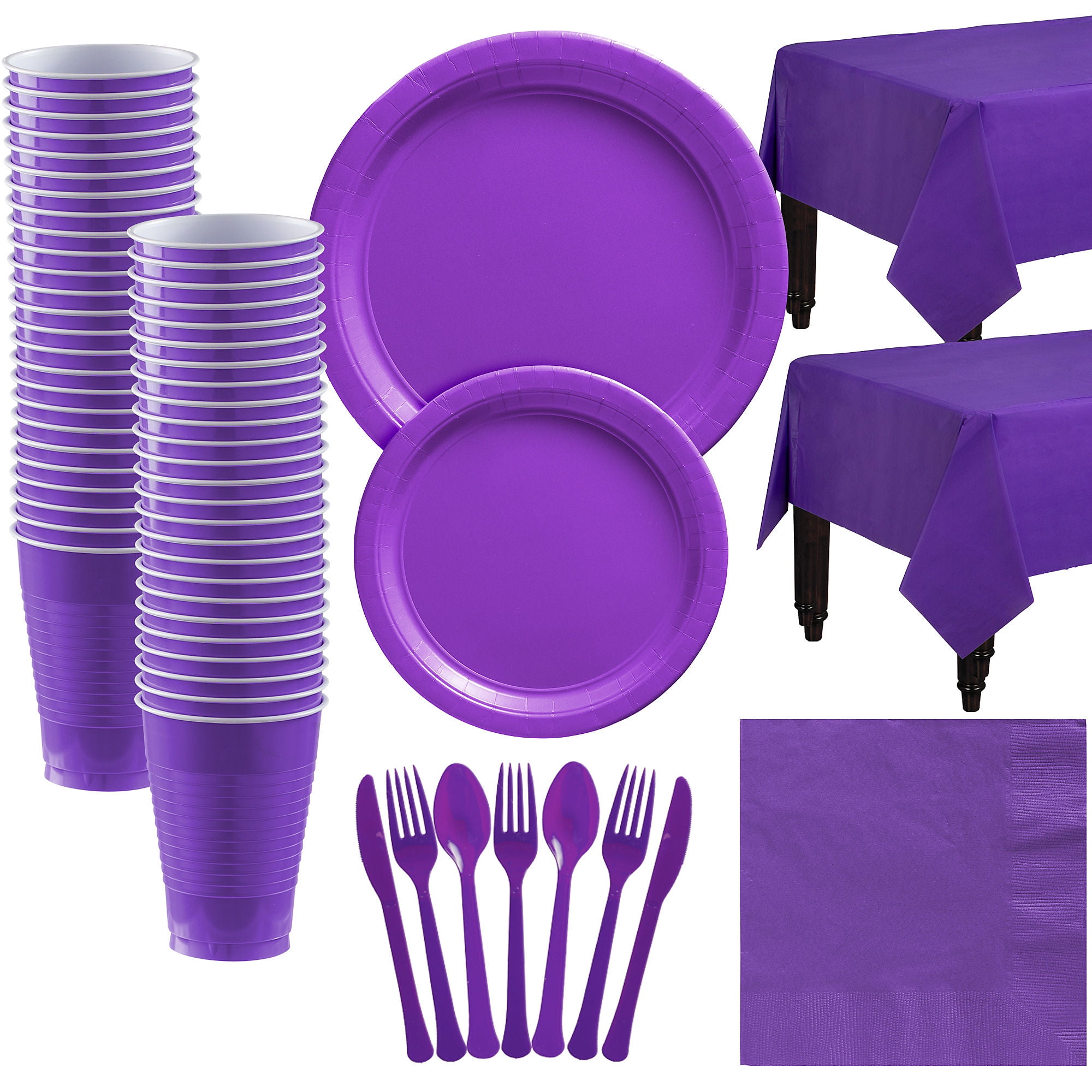 Purple Paper Tableware Supplies for 50 Guests, Includes Table Covers