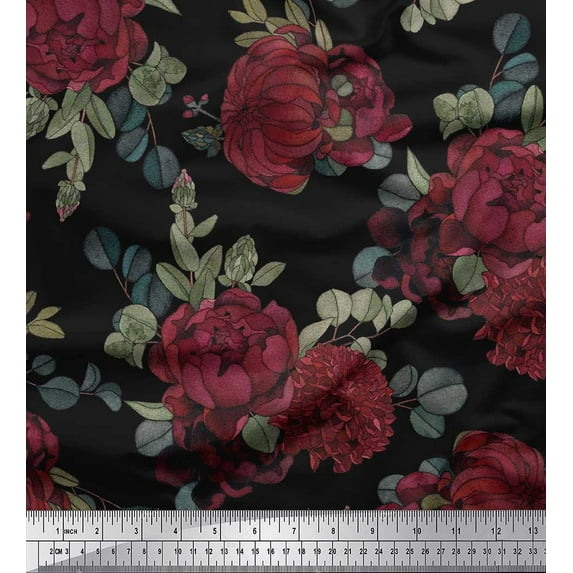 Soimoi Black polyester Crepe Fabric Leaves & Maroon Floral Print Fabric by Yard 52 Inch Wide