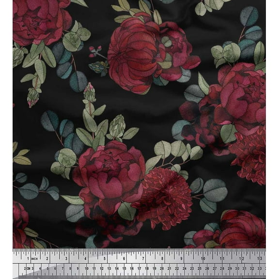 Soimoi Black Cotton Duck Fabric Leaves & Maroon Floral Printed Craft Fabric by The Yard 42 Inch Wide