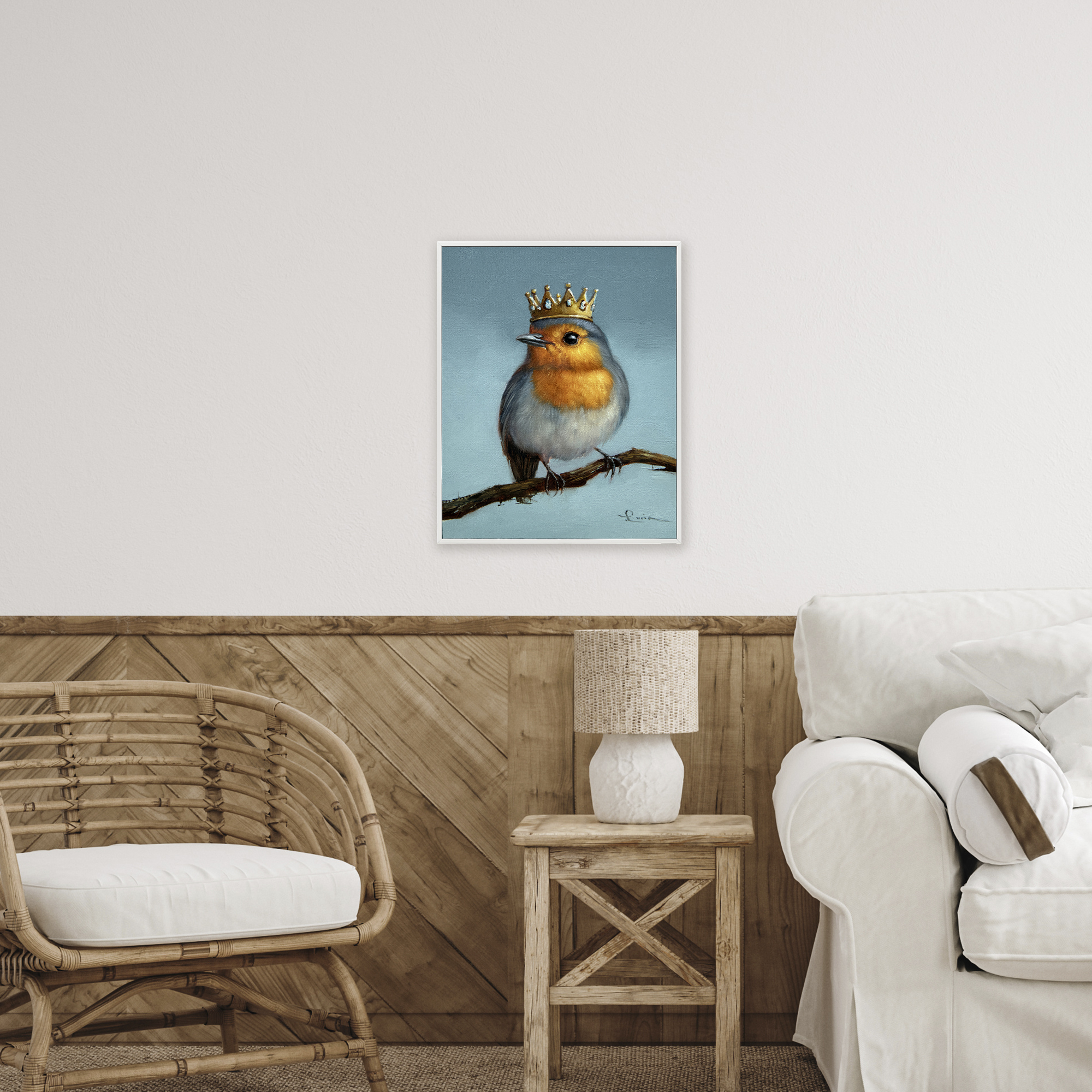 Royal Robin Perched White Framed Giclee Art, design by Lucia Heffernan