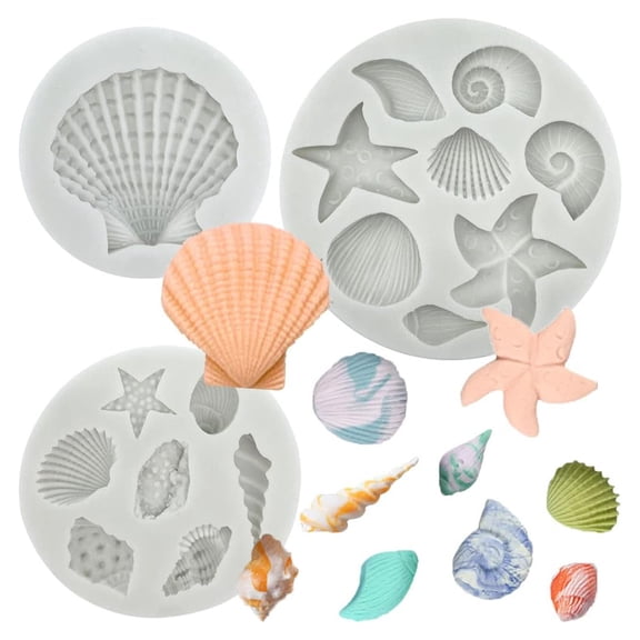 Kalyrart 3 PCS Marine Theme Cake Fondant Silicone Mold Seashell Conch Starfish Coral Baking Molds for DIY Cake Decoration Chocolate Candy Polymer Clay Crafting Projects