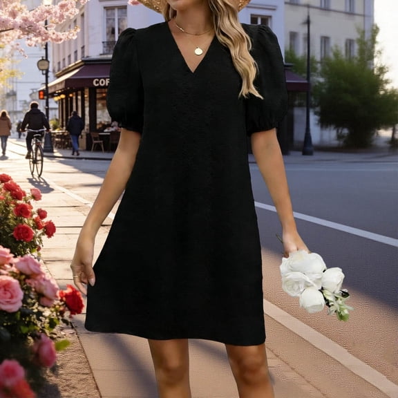 Gamivast Little Dress for Women Short Puff Sleeve V-Neck Jacquard Textured Tunic Dress Loose Fit Solid Short Dress Casual Daily Work Office Date
