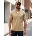 thumbnail image 3 of Men's Casual Henley Shirt Short Sleeve Cotton Fashion T-Shirt with Pocket, Retro Textured Slim Fit Summer Top Apricot 2XL, 3 of 8