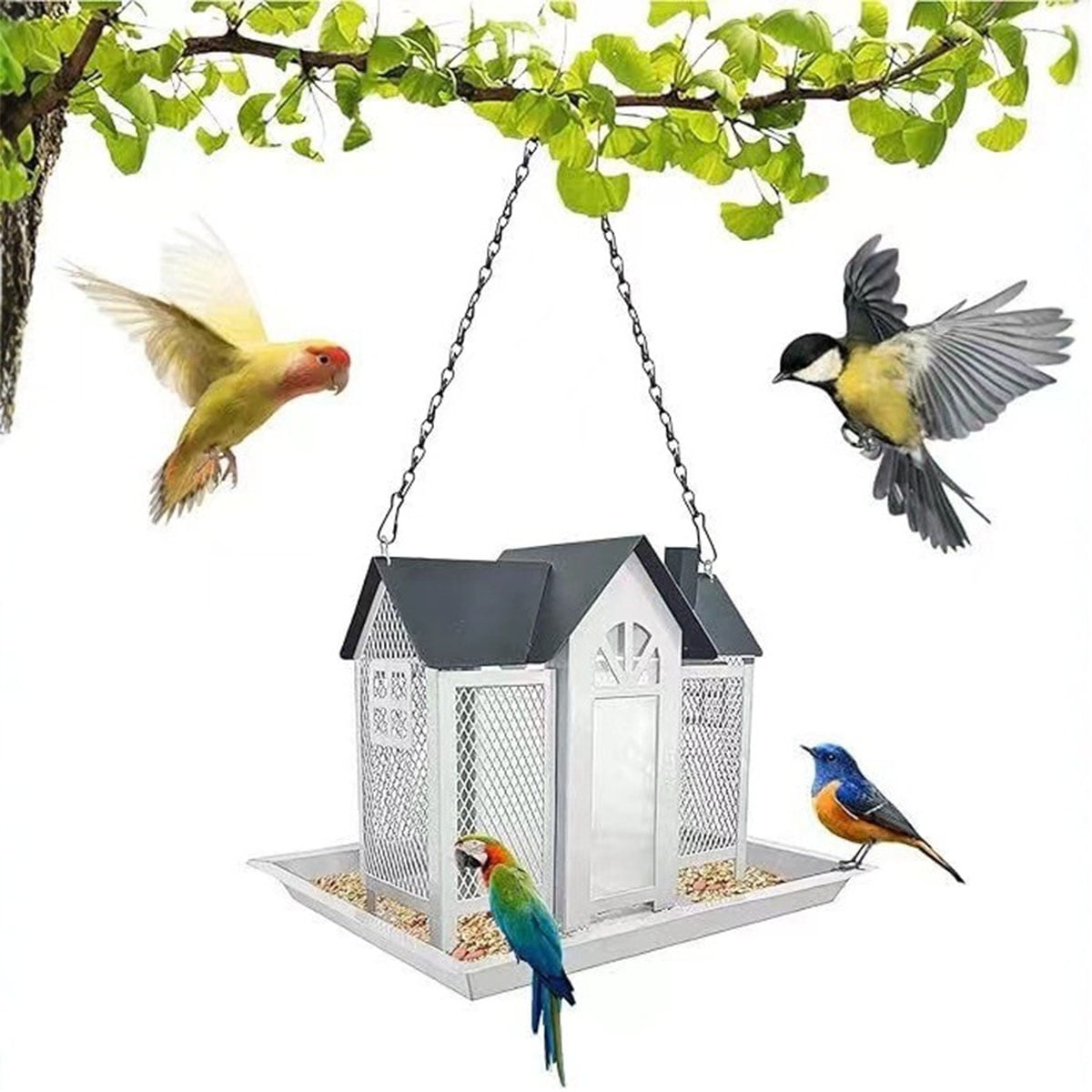 Hanging Bird Feeders for Outside, Bird Houses for Outdoor, Metal Mesh Wild Bird Feeder for Finch Cardinal Chickadee, Yard Decoration, Weatherproof and Durable White