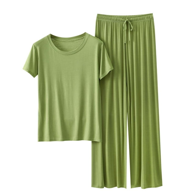 yoeyez Ensembles de Détente pour Femmes Pyjamas en Modal à Manches Courtes 2 Pcs Chandails à Col Rond et Pantalons à Jambes Larges Ensembles de Détente Pjs Vert, TG