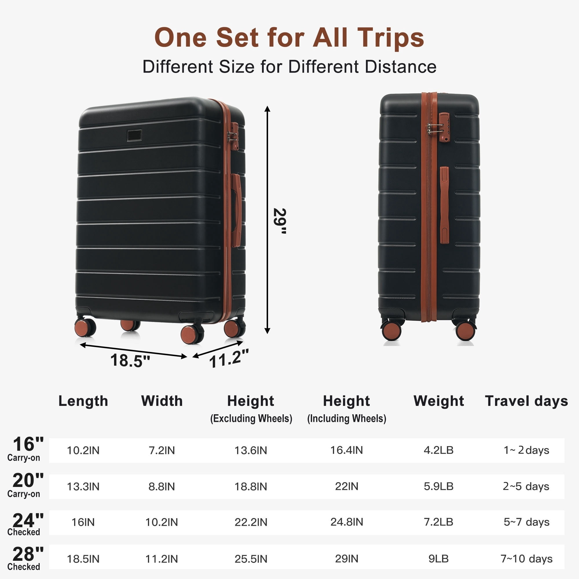 Euroco 6 Piece Luggage Sets, ABS Hardshell Suitcase Set with 2 Bags,Spinner Wheels & TSA Lock, Large Checked Travel Suitcases for Family,16/20/24/28 Inch,Black