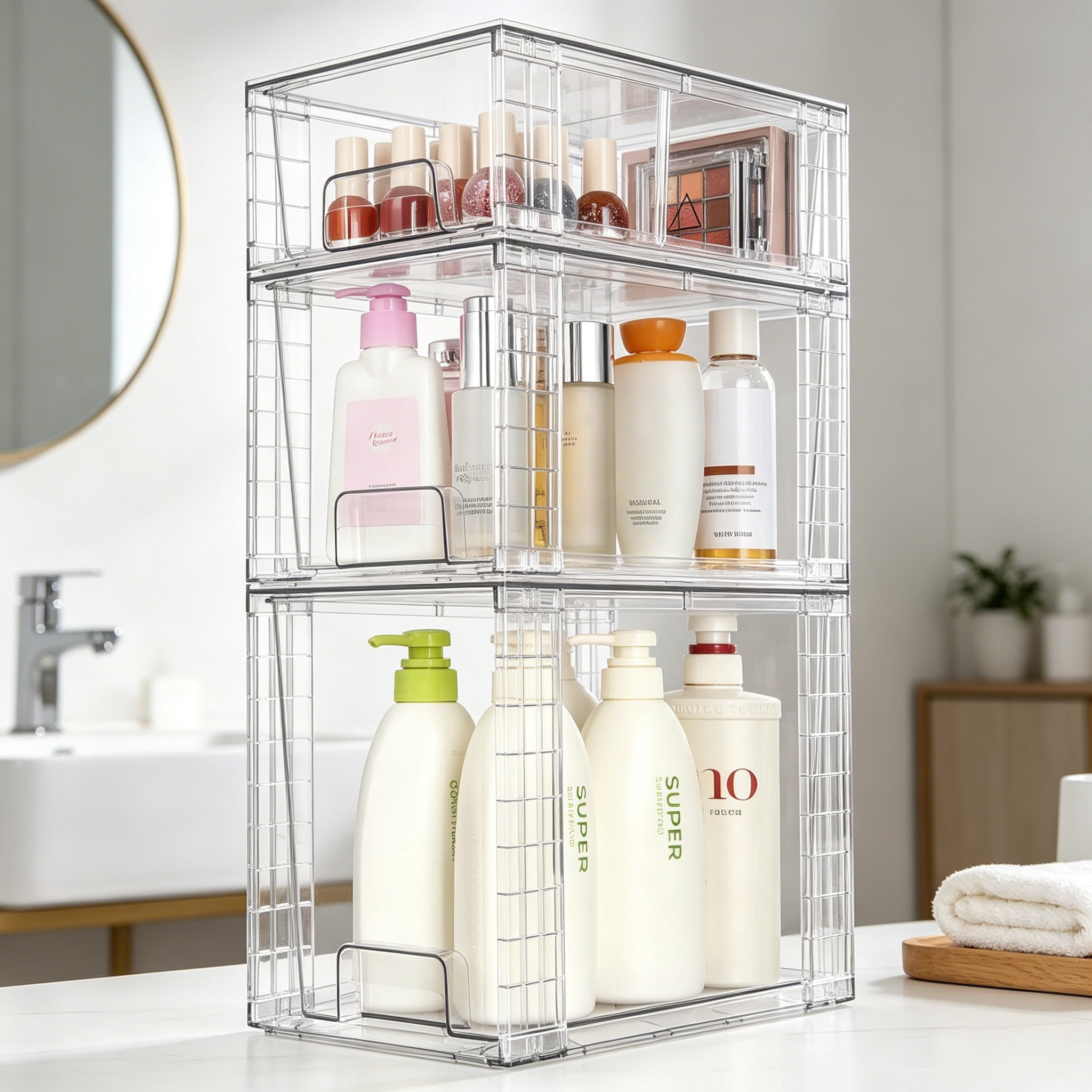 6-Pack Clear Stackable Storage Drawers, Easy to Assemble Bathroom Organizers and Storage with Handles, Plastic Drawers for Kitchen, Pantry, Cabinet, Under Sink Organization