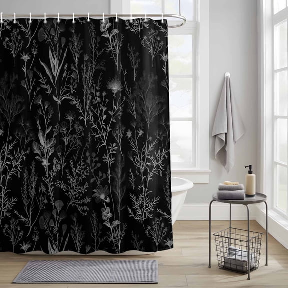 Bathroom Shower Curtain Natural Wild Plant Botanical Leaves Waterproof Shower Curtains with Hooks, Plant Foliage on Black Bath Curtains Bathtub Curtain Home Decor 36x72in