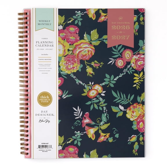 Blue Sky Day Designer 2026-2027 Weekly and Monthly Academic Year Planner Calendar, July 2026 - June 2027, 8.5" x 11", Clear Pocket Cover, Laminated Tabs, Storage Pocket, Stickers, Peyton Navy